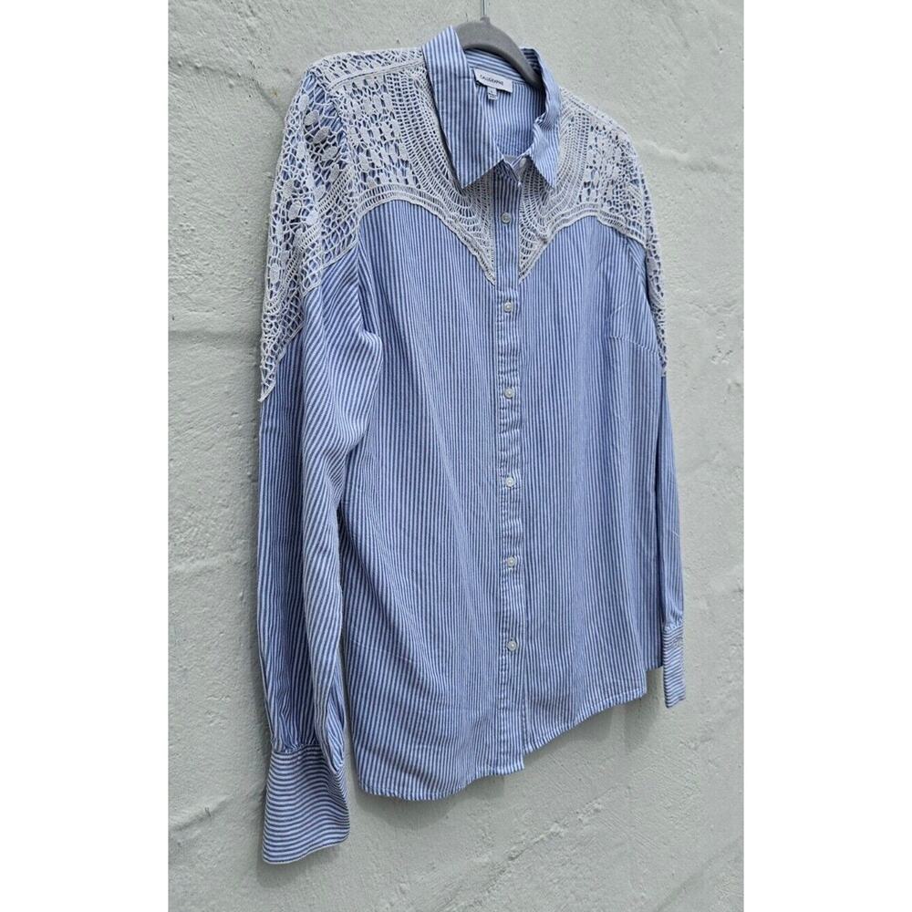 Calligraphie Anthropologie Top Large Blue White Striped Button Up Ivory Crochet - Picture 2 of 13